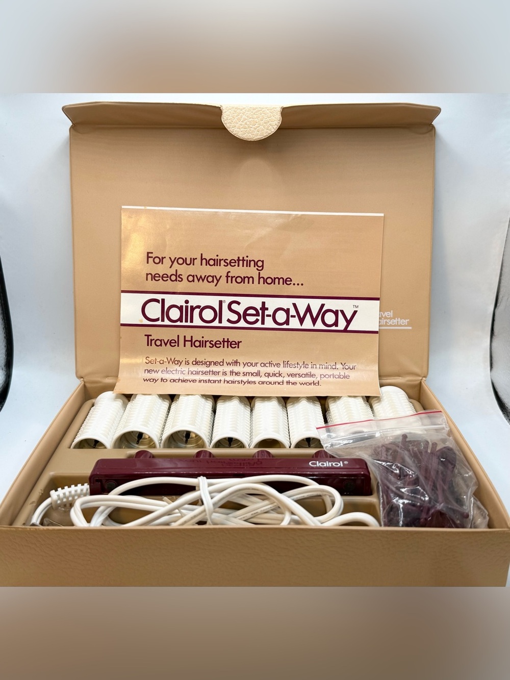 Vintage Clairol Set-A-Way Travel Hairsetter Set with 8 Hot Rollers, 10 Clips